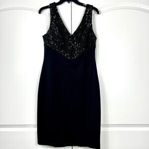 LAUREN Ralph Lauren Sheath Dress Black Sequin Embellished VNeck Sleeveless SZ‎ 8